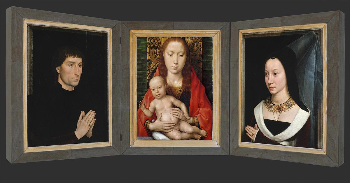 Hypothetical reconstruction of the portraits of Tommaso and Maria Portinari with "Virgin and Child," circa. 1470, by Hans Memling. Oil on oak. Metropolitan Museum of Art, New York City. (Public Domain)<span style="color: #ff0000;"> </span>