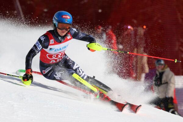 United States' Mikaela Shiffrin speeds down the course during an alpine ski, women's World Cup slalom, in Are, Sweden, on March 11, 2023. (Alessandro Trovati/AP Photo)