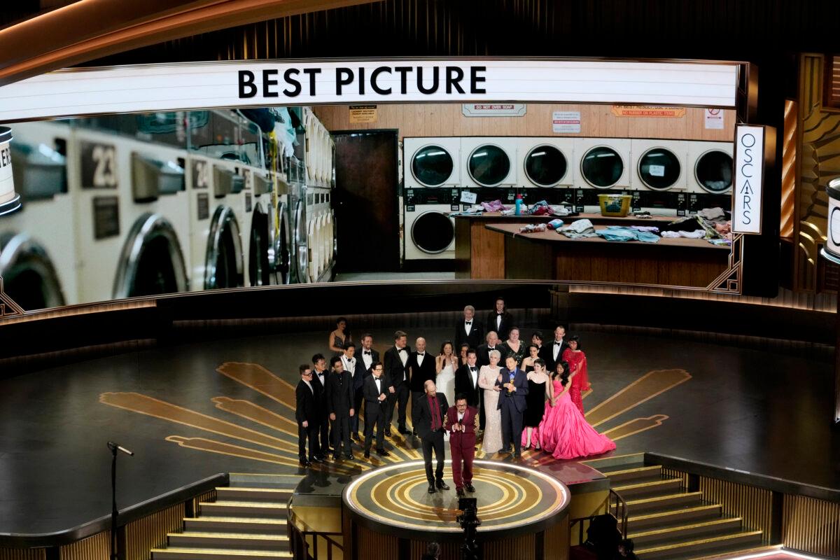 The cast and crew of "Everything Everywhere All at Once" accepts the award for best picture at the Oscars at the Dolby Theatre in Los Angeles on March 12, 2023. (Chris Pizzello/AP Photo)