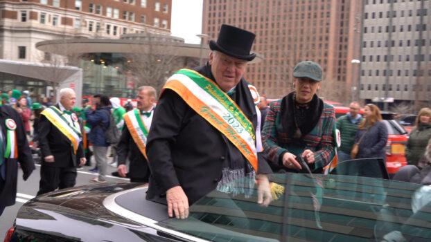 Parade Grand Marshal Dan Harrell at Philadelphia St. Patrick’s Day Parade on March 12, 2023. (William Huang/The Epoch Times)