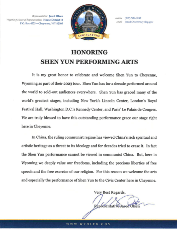 Congratulatory letter from Wyoming State Representative Jared Olsen.