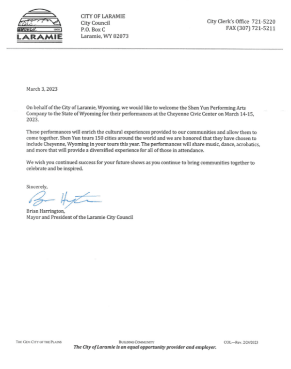 Congratulatory letter from City of Laramie mayor Brian Harrington