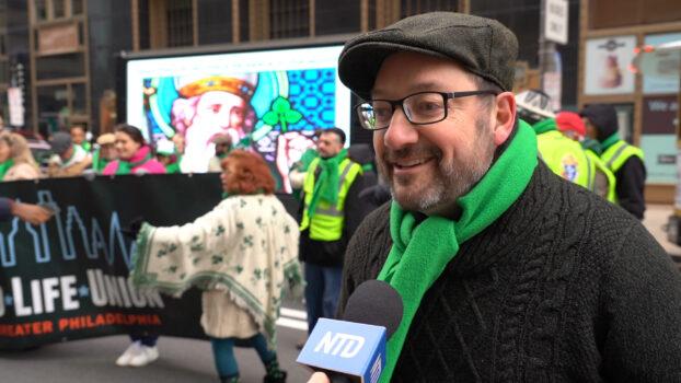 Tom Stevens, the CEO of the pro-life union in Philadelphia, joined Philadelphia St. Patrick’s Day Parade on March 12, 2023. (William Huang/The Epoch Times)