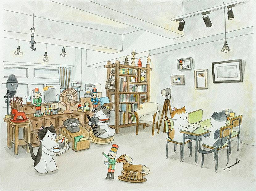 This is the first postcard Mango Naoko drew for Eddie. It depicts Eddie's old photography studio, named Latent Image. (Courtesy of Eddie Chan)