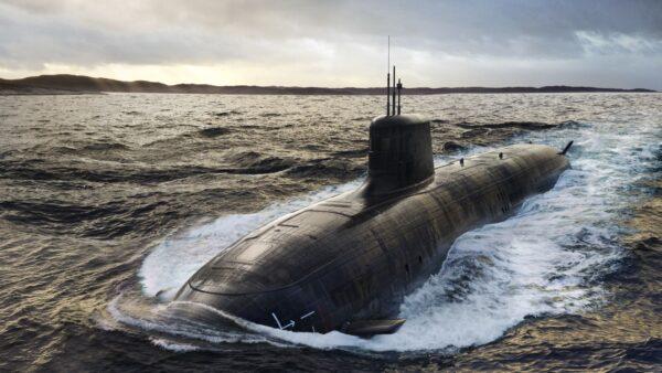 An undated visualisation of what an SSN-AUKUS submarine might look like at sea was issued on March 13, 2023. (BAE)