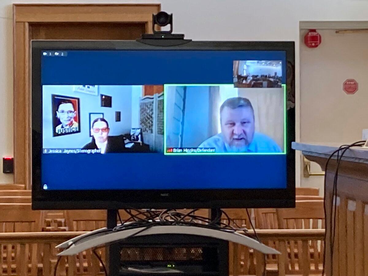 Brian Higgins of Wisconsin Dells, Wis., testifies by video linkup in Michigan's Antrim County Circuit Court in Bellaire, Mich., on March 15, 2023. (John Flesher/AP Photo)