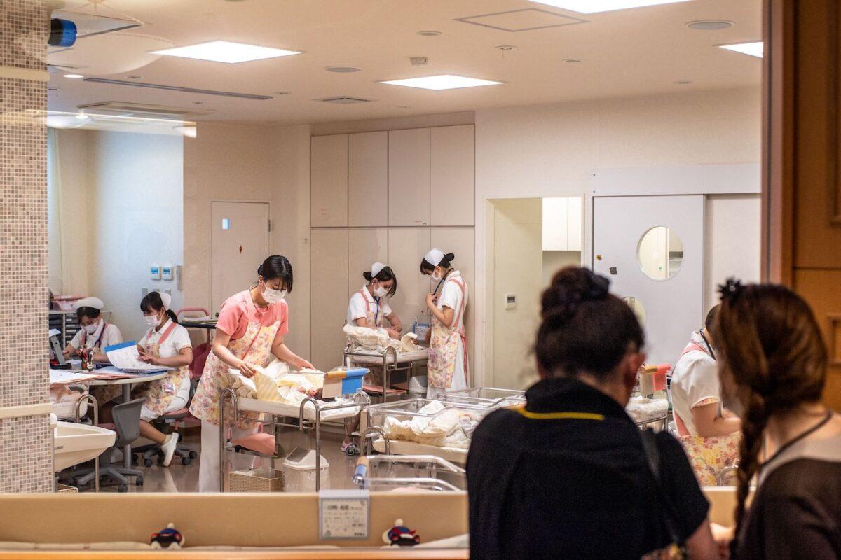Staff working in a nursery room at Jikei Hospital in Kumamoto, Japan, on June 10, 2022. (Philip Fong/AFP via Getty Images)