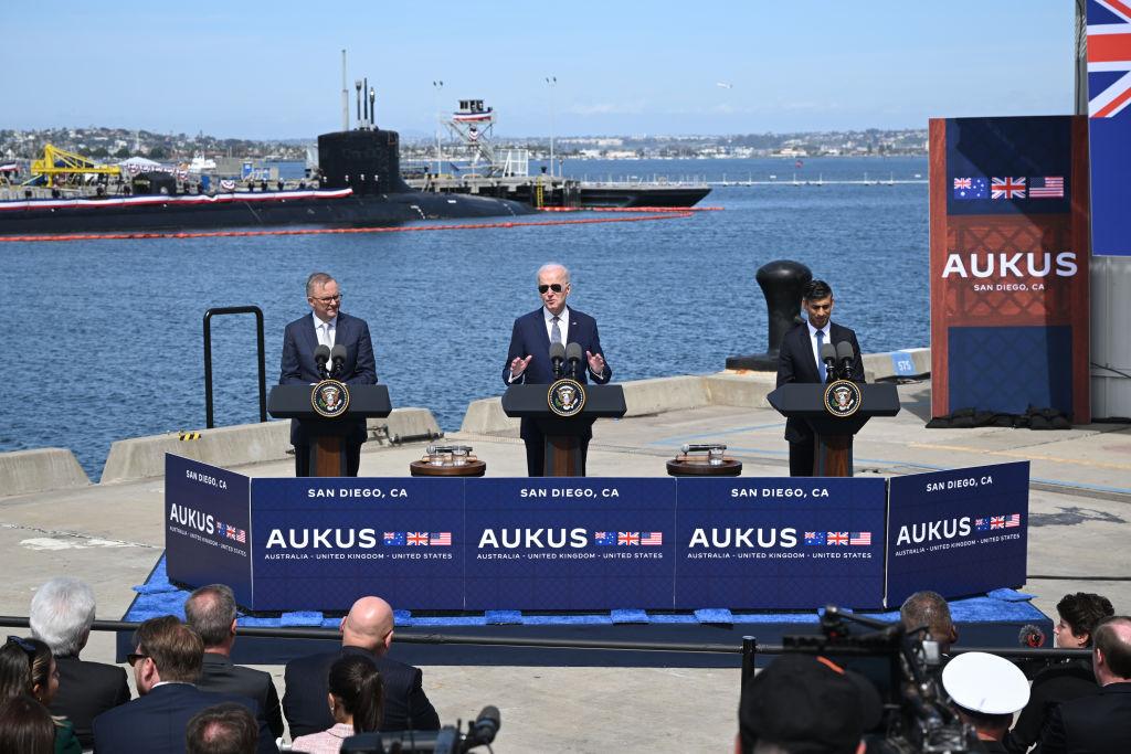 Australian Prime Minister Anthony Albanese (L), U.S. President Joe Biden (C) and British Prime Minister Rishi Sunak (R) hold a press conference after a trilateral meeting during the AUKUS summit in San Diego, Calif., on March 13, 2023. (Leon Neal/Getty Images)