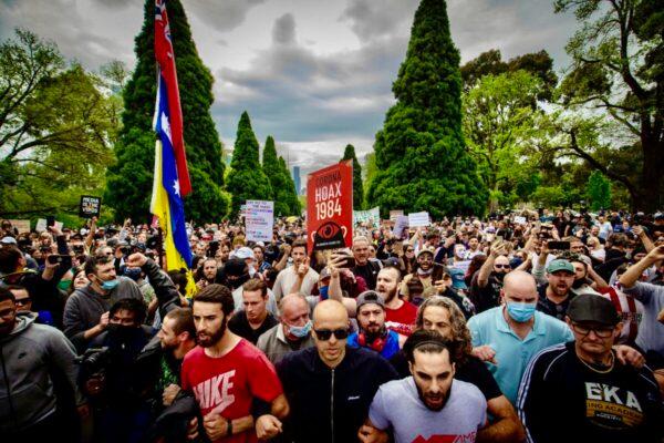 A large crowd gathers to protest lockdown restrictions, at the Shrine of Remembrance in Melbourne, Australia, on Oct. 23, 2020. (Darrian Traynor/Getty Images)