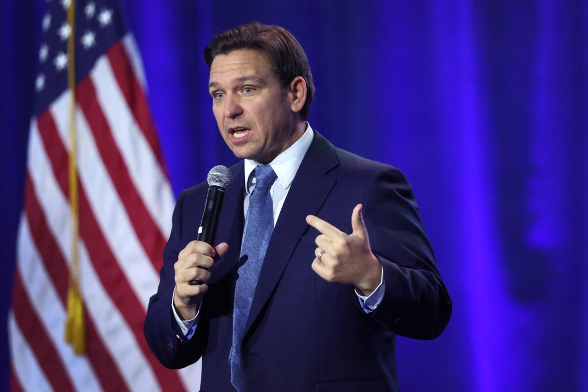 Florida governor Ron DeSantis speaks to Iowa voters gathered at the Iowa State Fairgrounds in Des Moines, Iowa, on March 10, 2023. (Scott Olson/Getty Images)