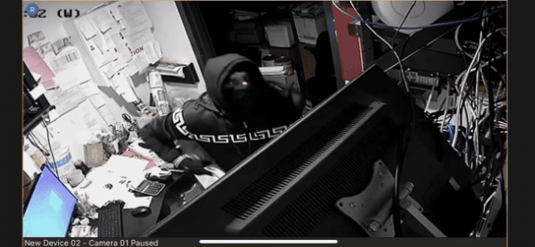 A suspect were caught on security camera breaking into Mountain Mike’s Pizza in Rancho Santa Margarita, Calif., on March 11, 2023. (Courtesy of Daniel Gorman)