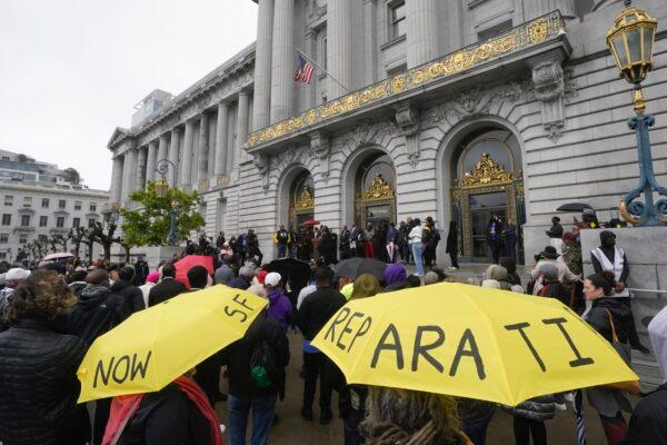 A reparations rally outside City Hall in San Francisco on March 14, 2023. (Jeff Chiu/AP)