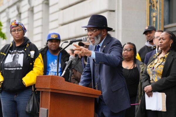 Dr. Amos Brown (M) speaks at a reparations rally outside of City Hall in San Francisco, March 14, 2023. (Jeff Chiu/AP Photo)