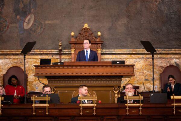 Gov. Josh Shapiro presents his budget in the House chambers in Harrisburg, Pa., on March 7, 2023. (Commonwealth Media Service)