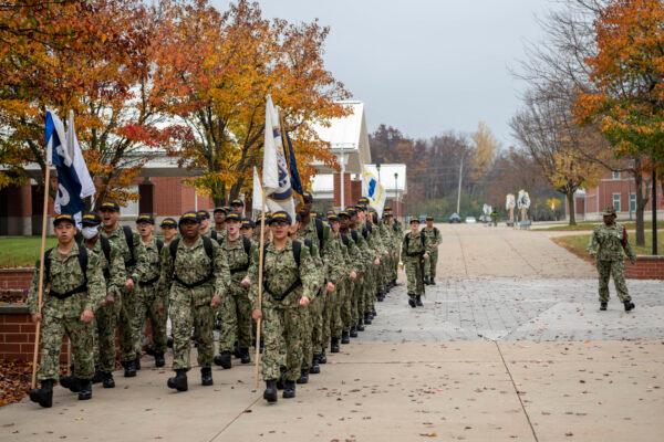 A recruit division marches in formation at Recruit Training Command. More than 40,000 recruits train annually at the Navy's only boot camp. (U.S. Navy photo by Chief Mass Communication Specialist Brandie Nix)