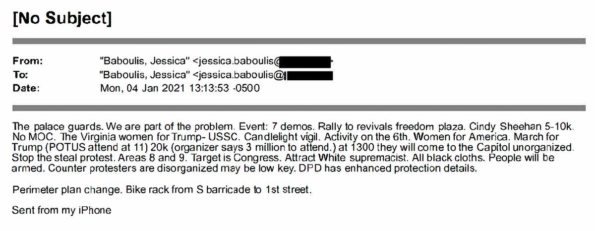 An email written by U.S. Capitol Police Capt. Jessica Baboulis on Jan. 4, 2021, says organizers of the "March for Trump" event at the Ellipse on Jan. 6 expected 3 million people to attend President Donald Trump's speech. (U.S. District Court/Screenshot via The Epoch Times)