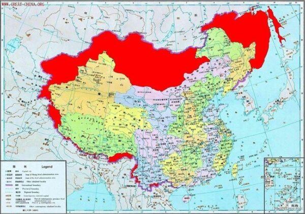 An online image shows the territorial differences between the pre-1949 map of the Republic of China, which encompassed the full extent of the red-colored area, and the People's Republic of China. (Online screenshot via The Epoch Times)