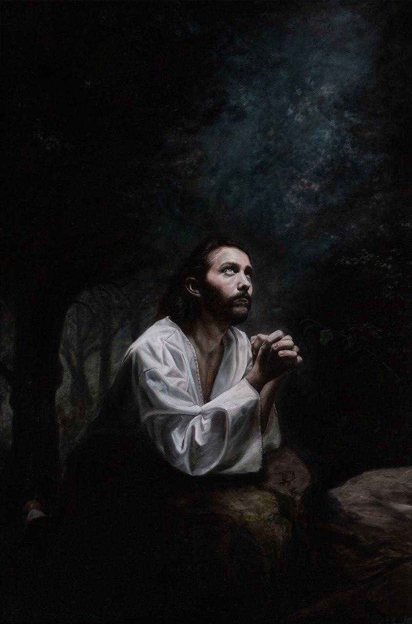 "Agony in the Garden" by Eric Armusik. The painting shows the figure of Jesus Christ brightly illuminated during a prayer.  (NTD International Figure Painting Competition)
