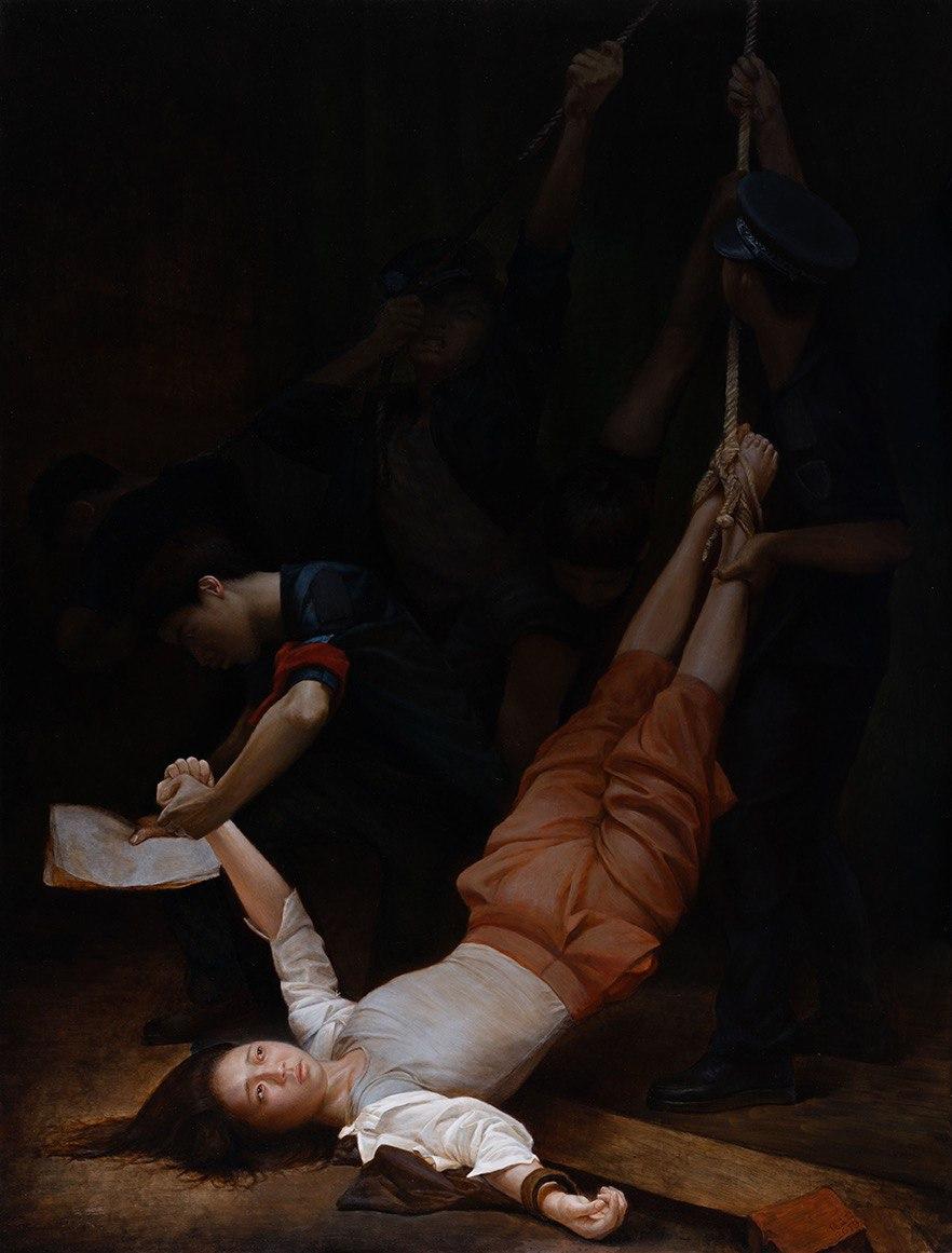"Upside Down" by Li Hung Yang was awarded an Honorable Mention at the 2019 NIFPC. The painting portrays the torture of a female Falun Gong adherent as the Chinese prison guards forcibly take her thumb impression on a paper that states she has willingly renounced her faith. (NTD International Figure Painting Competition).