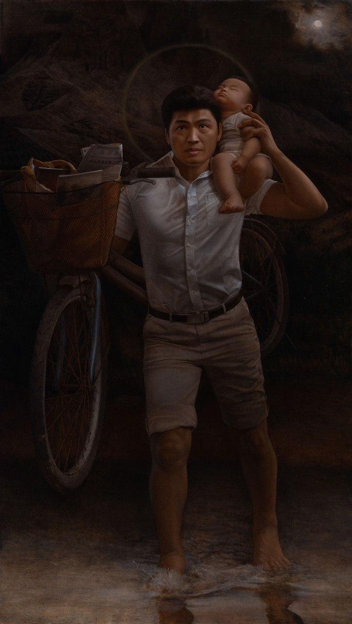 The painting "Worldly Journey" by Yu Hsuan Lin won a Humanity & Culture Award. The artwork portrays a Falun Gong adherent crossing a waterlogged road while carrying on his shoulders his little son and a bicycle with informational materials exposing the Chinese regime's persecution of his faith. (NTD International Figure Painting Competition)