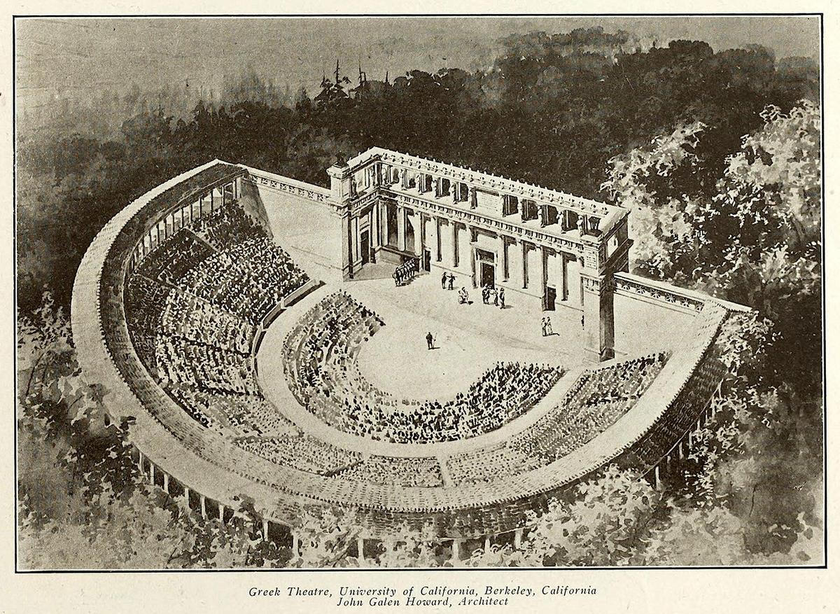 An original sketch by John Galen Howard of the proposed Hearst Greek Theatre in Berkeley, Calif., before 1903. (Public Domain)