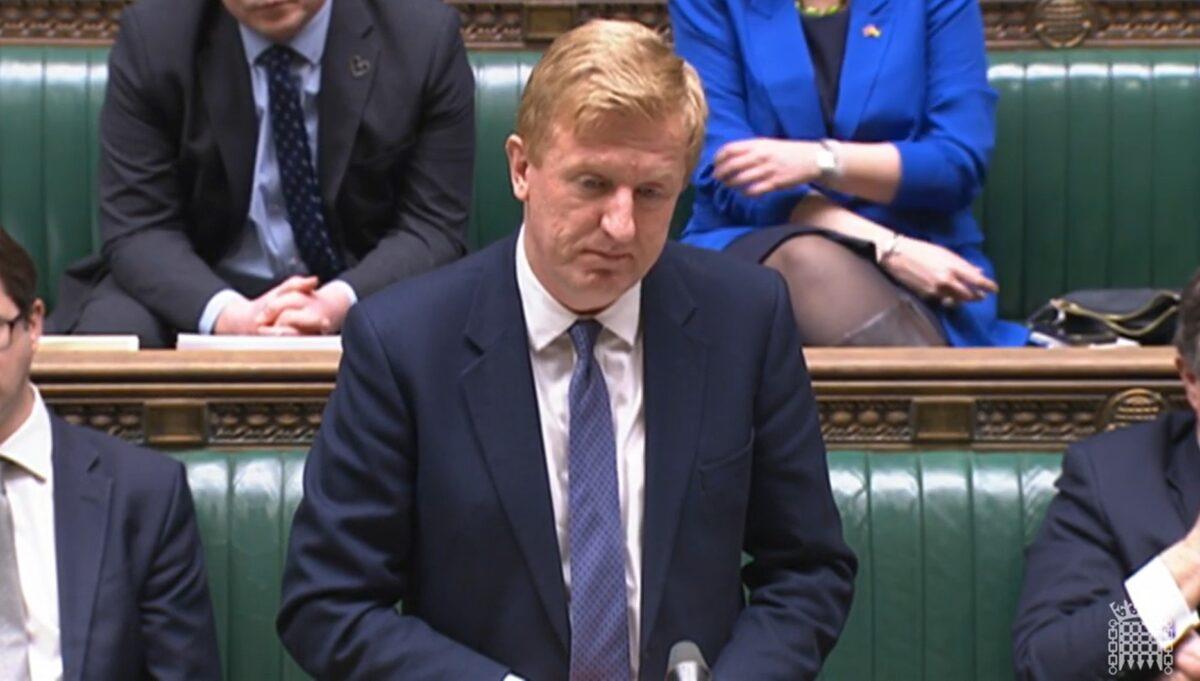 Cabinet Office minister Oliver Dowden announces the ban of TikTok on government devices in the House of Commons in London on March 16, 2023. (House of Commons via PA)