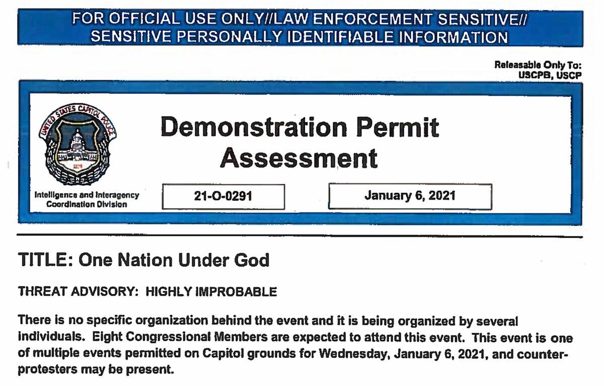 Capitol Police assessed the Stop the Steal / One Nation Under God rally as a low threat for violence on Jan. 6, 2021. (U.S. Capitol Police/Screenshot via The Epoch Times)