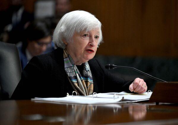 Treasury Secretary Janet Yellen testifies before the Senate Finance Committee on the proposed budget request for 2024, on Capitol Hill in Washington, on March 16, 2023. (Andrew Caballero-Reynolds/AFP via Getty Images)