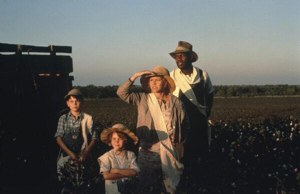 (L–R) Wylie (De'voreaux White), Ermine (Toni Hudson), Edna (Sally Field), and Moze (Danny Glover) survive during the Great Depression, in "Places in the Heart." (MovieStillsDB)
