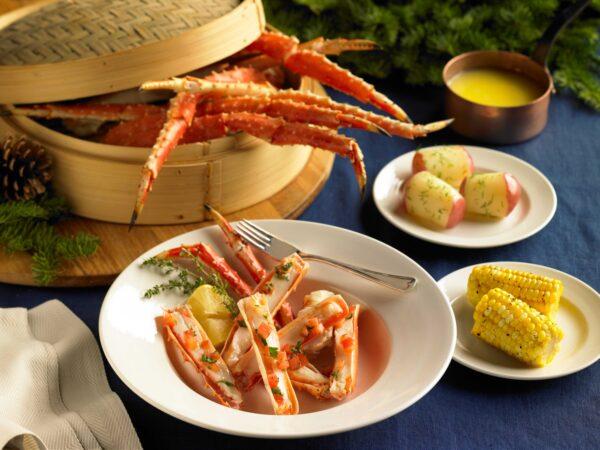 Snowy white with streaks of red, steamed Alaskan crab legs contain sweet and tender chunks of crabmeat fit for a king’s feast. (Courtesy of Princess Cruises)