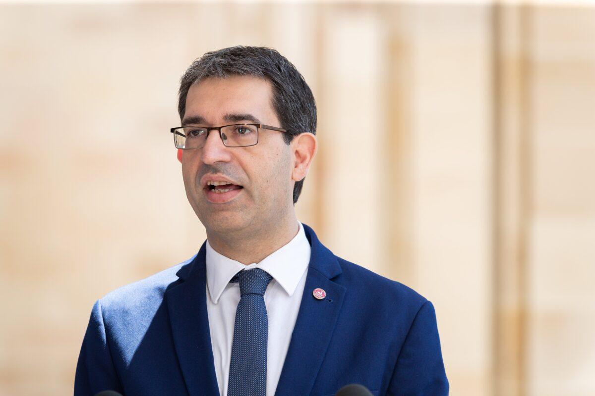 West Australian Liberal MP Nick Goiran speaks to the media during a press conference outside the Parliament of Western Australia in Perth, on Nov. 24, 2020. (AAP Image/Richard Wainwright)