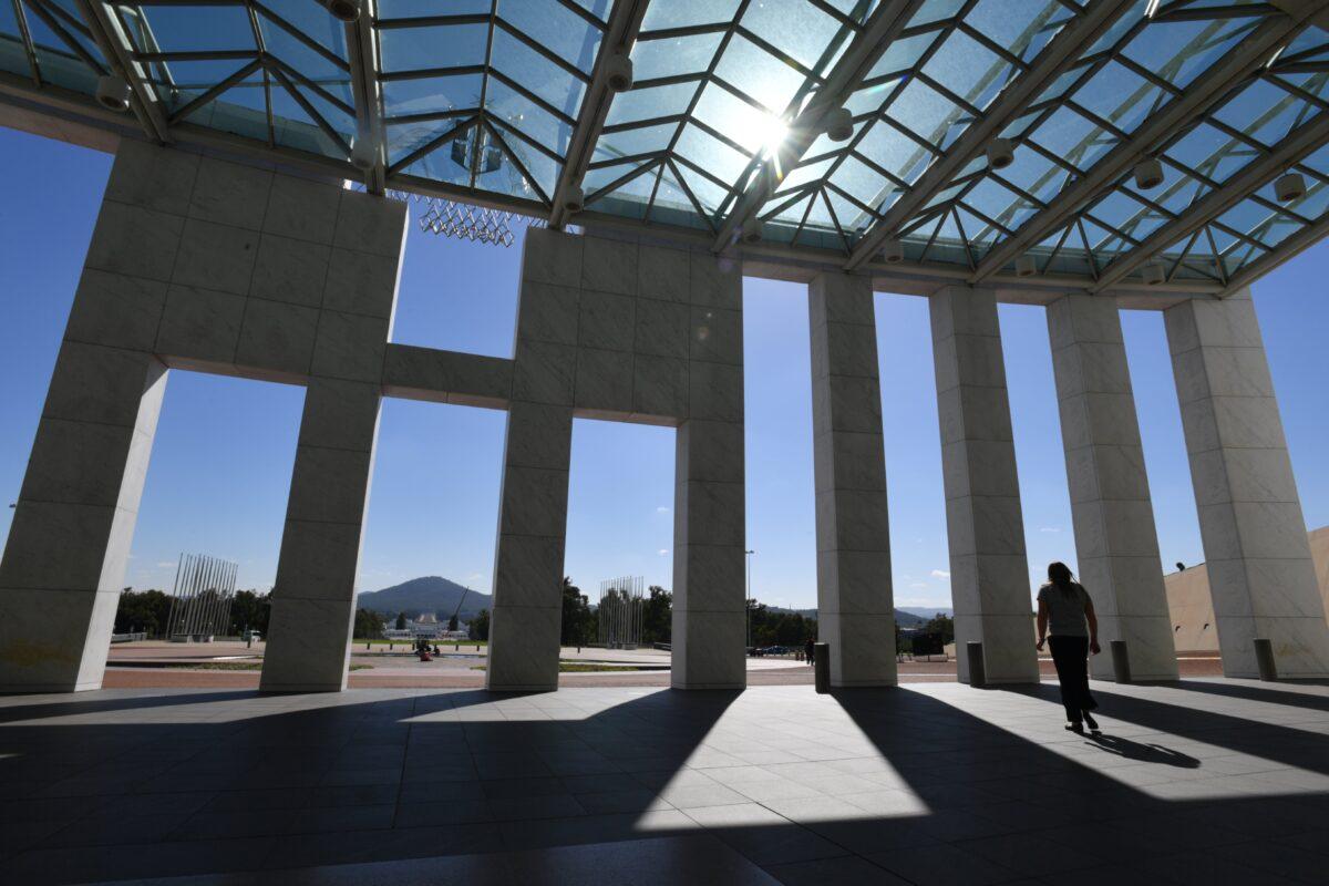 The front entrance of Parliament House in Canberra, Australia, on March 4, 2021. (AAP Image/Mick Tsikas)