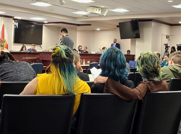 Speakers at a Florida House of Representatives committee meeting at the state Capitol in Tallahassee wait on March 16, 2023, to share testimony on a bill that would prohibit most abortions after six weeks' gestation. (Dan M. Berger/The Epoch Times)