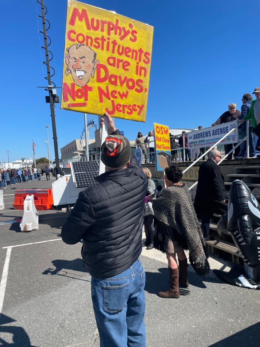 Protesters at a hearing on offshore wind farms say New Jersey Gov. Phil Murphy has sold them out, on March 16, 2023. (Courtesy of Scottie Barnes)