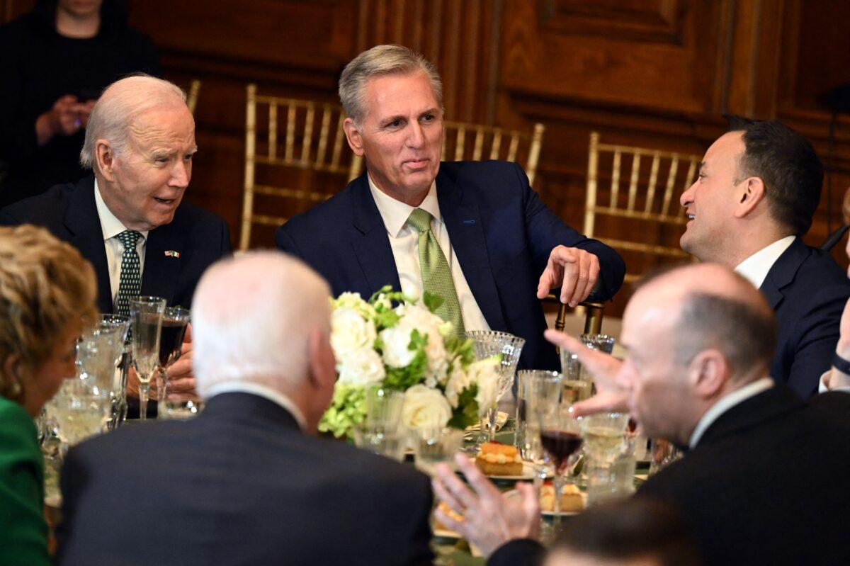 (L–R) President Joe Biden, House Speaker Kevin McCarthy (R-Calif.), and Irish Taoiseach Leo Varadkar attend the annual Friends of Ireland luncheon on St. Patrick's Day at the U.S. Capitol on March 17, 2023. (Andrew Caballero-Reynolds/AFP via Getty Images)