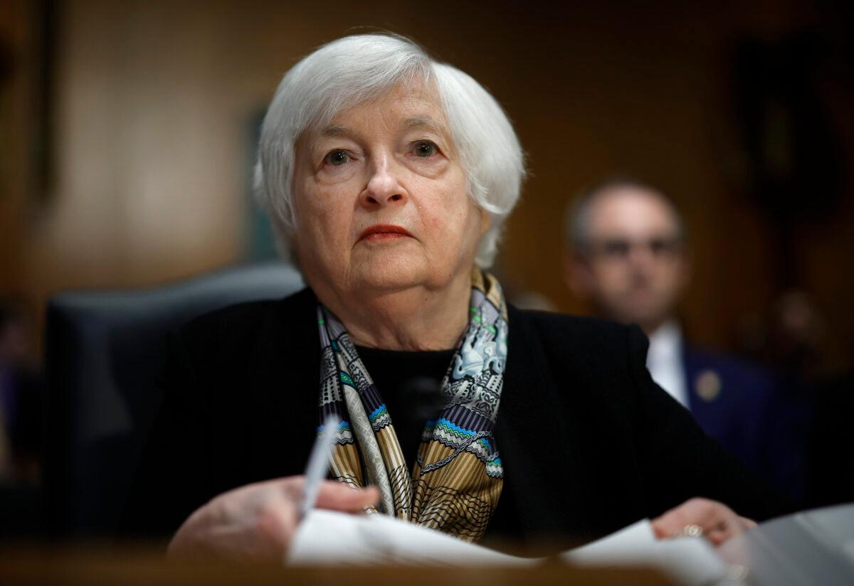 Treasury Secretary Janet Yellen testifies before the Senate Finance Committee in the Dirksen Senate Office Building on Capitol Hill in Washington on March 16, 2023. (Chip Somodevilla/Getty Images)