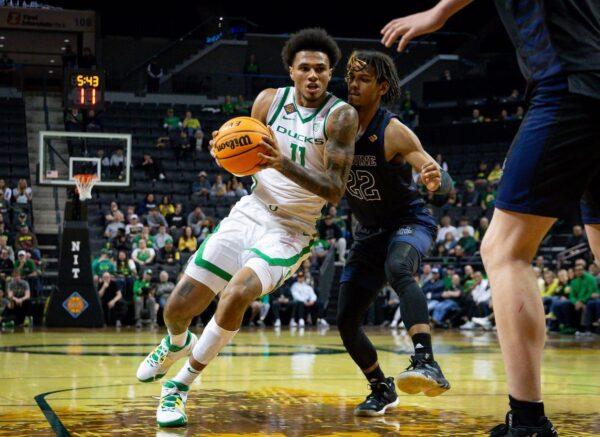 Oregon guard Rivaldo Soares drives toward the basket as the Oregon Ducks take on UC Irvine in their NIT opener in Eugene, Ore., March 15, 2023. (Ben Lonergan/The Register-Guard/ USA Today via Field Level Media).