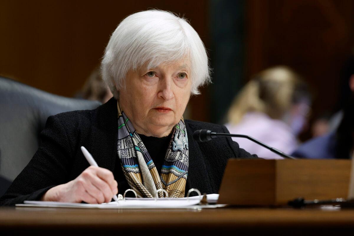 Treasury Secretary Janet Yellen testifies about the Biden administration's fiscal 2024 federal budget proposal before the Senate Finance Committee in the Dirksen Senate Office Building on Capitol Hill on March 16, 2023. (Chip Somodevilla/Getty Images)
