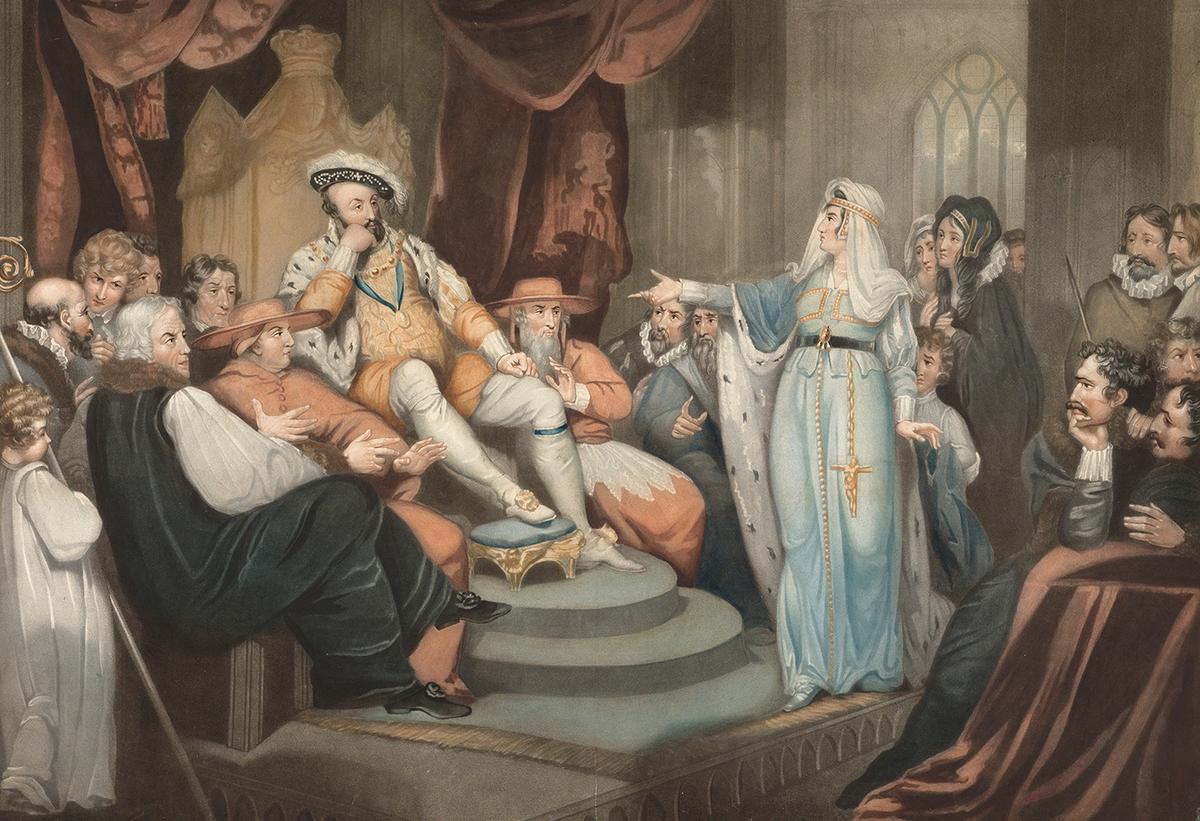 Katherine of Aragon pleading her cause before King Henry VIII, 1802, by W. Ward after R. Westall. (<a href="https://commons.wikimedia.org/wiki/File:Catharine_of_Aragon_pleading_her_cause_Wellcome_L0060774.jpg">Wellcome Collection gallery</a>/<a href="https://creativecommons.org/licenses/by/4.0/deed.en">CC BY 4.0</a>)