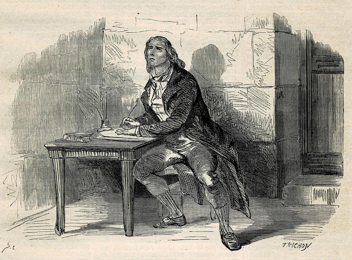 Illustrative plate of André Chénier in prison, from the "Illustrated Dictionary of History, Geography, Biography, Technology, Mythology, Antiquities, Fine Arts and Literature," 1863, by Edmond Alonnier and Joseph December. (Public Domain)