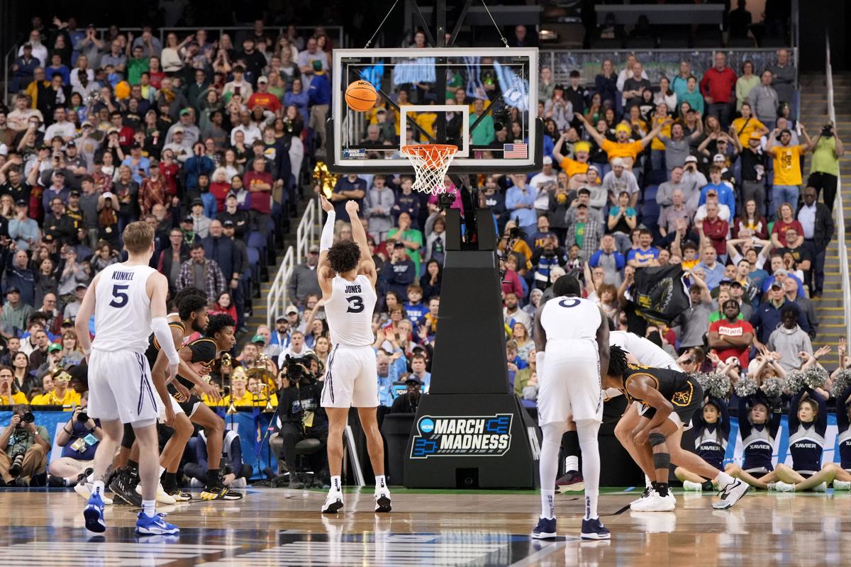 Xavier Musketeers guard Colby Jones (3) shoots a free throw during the second half against the Kennesaw State Owls at Greensboro Coliseum in N.C., on March 17, 2023. (Bob Donnan/USA TODAY Sports via Reuters)