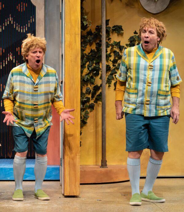 Long-lost twins Dromio of Syracuse (Ross Lehman) and Dromio of Ephesus (Kevin Gudahl) in Chicago Shakespeare Theater’s production of Shakespeare’s "The Comedy of Errors," directed by Barbara Gaines. (Liz Lauren)