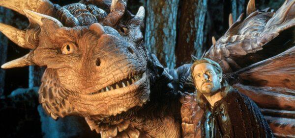 Draco (voice of Sean Connery) and Sir Bowen (Dennis Quaid) battle evil in "Dragonheart." (MovieStillsDB)