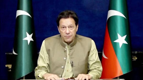 Pakistan’s former Prime Minister Imran Khan speaks in Lahore, Pakistan, on March 19, 2023, in a video still. (PTI via Reuters/Screenshot via The Epoch Times)