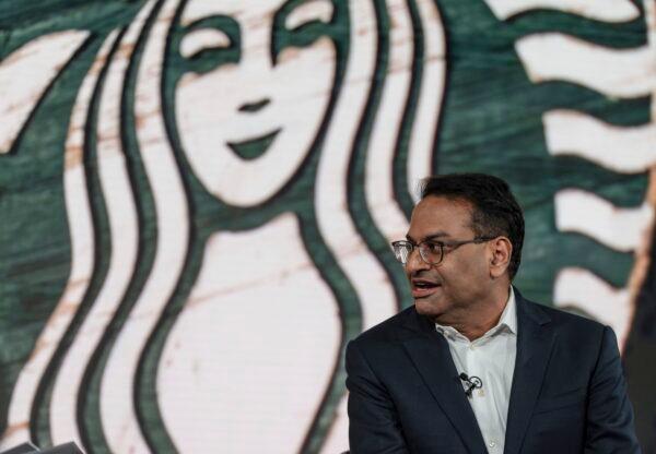 Incoming CEO Laxman Narasimhan speaks during Starbucks Investor Day 2022 in Seattle on Sept. 13, 2022. (Stephen Brashear/AP Photo)