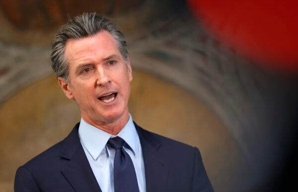 California Gov. Gavin Newsom speaks during a press conference at The Unity Council in Oakland, Calif., on May 10, 2021. (Justin Sullivan/Getty Images)