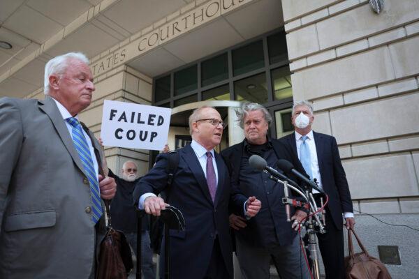 Attorneys Robert Costello (L), David Schoen (C), and Steve Bannon, adviser to former President Donald Trump, appear outside of the E. Barrett Prettyman U.S. Courthouse in Washington on June 15, 2022. (Win McNamee/Getty Images)