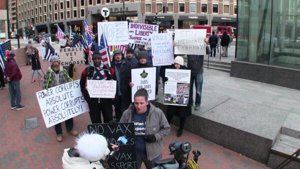 Sgt. Shana Cottone—being interviewed at the front of the image—says she was only accused of misconduct after she began holding public protests against Boston's instituted vaccine mandate for city employees. (Courtesy of Boston First Responders Union)