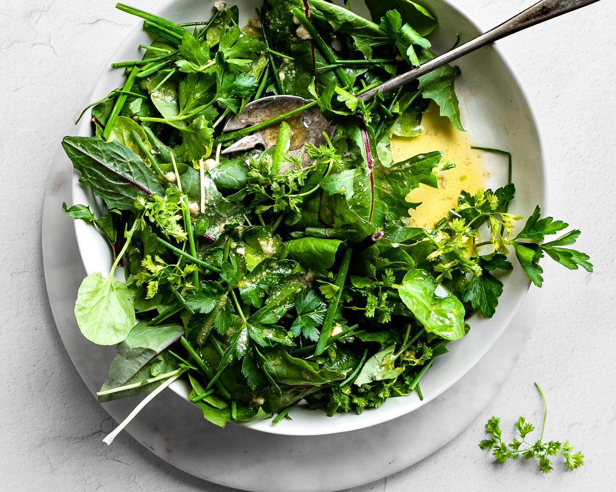 With dandelion greens, watercress, parsley, chives, and chervil, this herb salad is chock full of nutrients. (Jennifer McGruther)