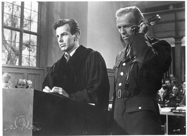 Defense counsel Hans Rolfe (Maximillian Schell, L) and prosecutor Col. Tad Lawson (Richard Widmark) lay out of their case in "Judgement at Nuremberg." (United Artists)